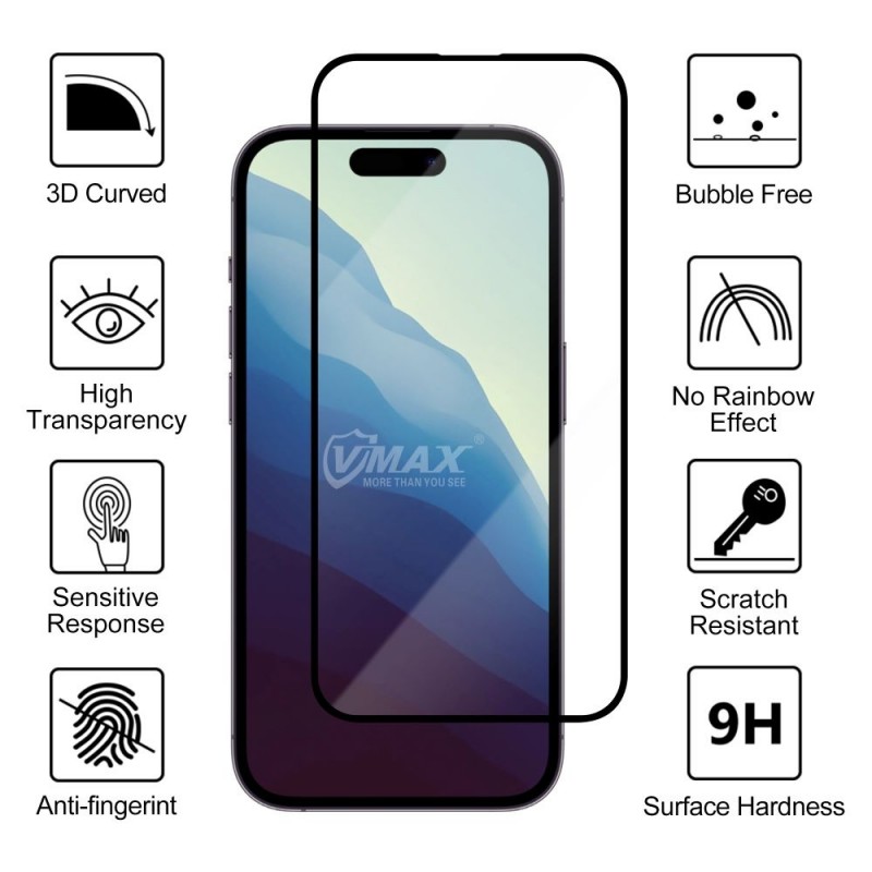 Стъклен протектор за дисплей Vmax 9D с цяло лепило, За iPhone 16 (6.1), Черен