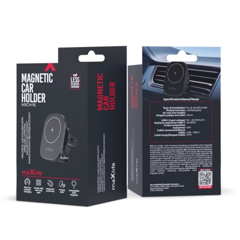 Стойка за кола за парното Maxlife MXCH-16 магнитна с безжично зареждане 15W, Черна