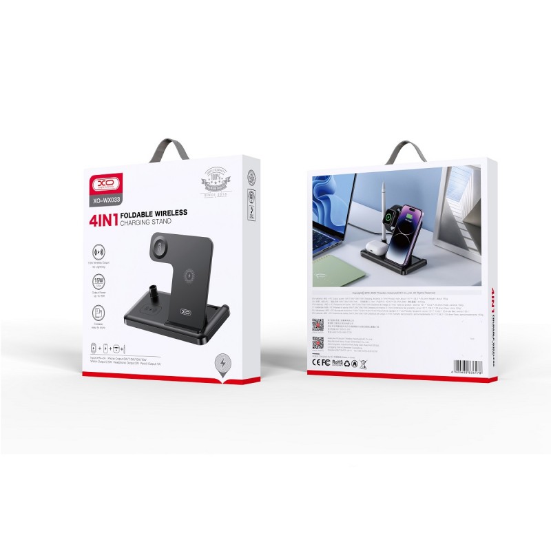 Универсално безжично зарядно устройство XO WX033 15W, комбинирано 4в1, Черно