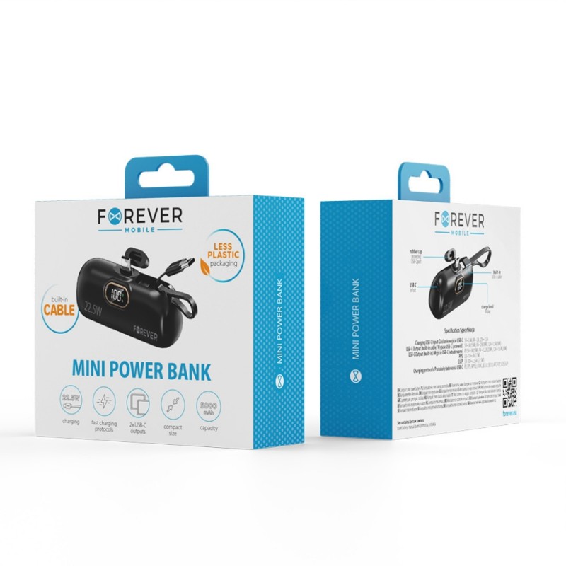Външна батерия Mini Power Bank 5000 mAh Forever MTB-100 22.5W USB C, Черна