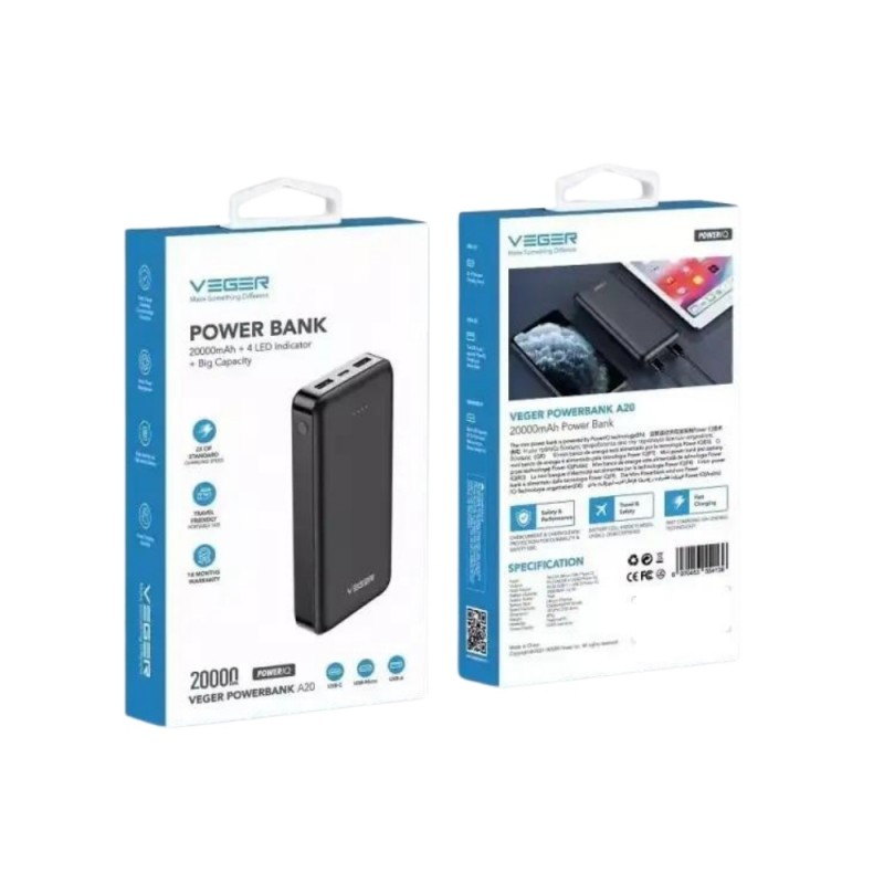 Външна батерия Power Bank VEGER A20 2A, 20000 mAh, Черна