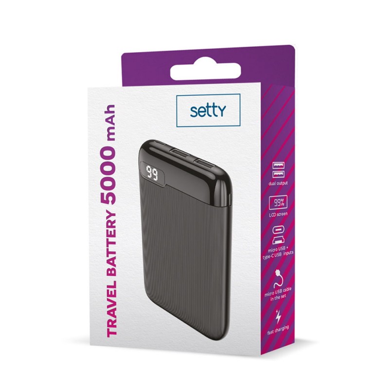 Външна батерия Power Bank Setty 5000 mAh LCD, Черна