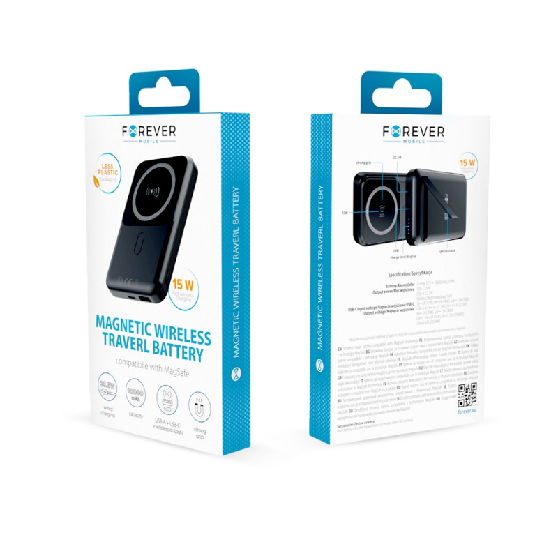 Външна батерия Power Bank Forever MATB-100, PD QC 22.5W, 10000 mAh, магнитна с MagSafe, Черна
