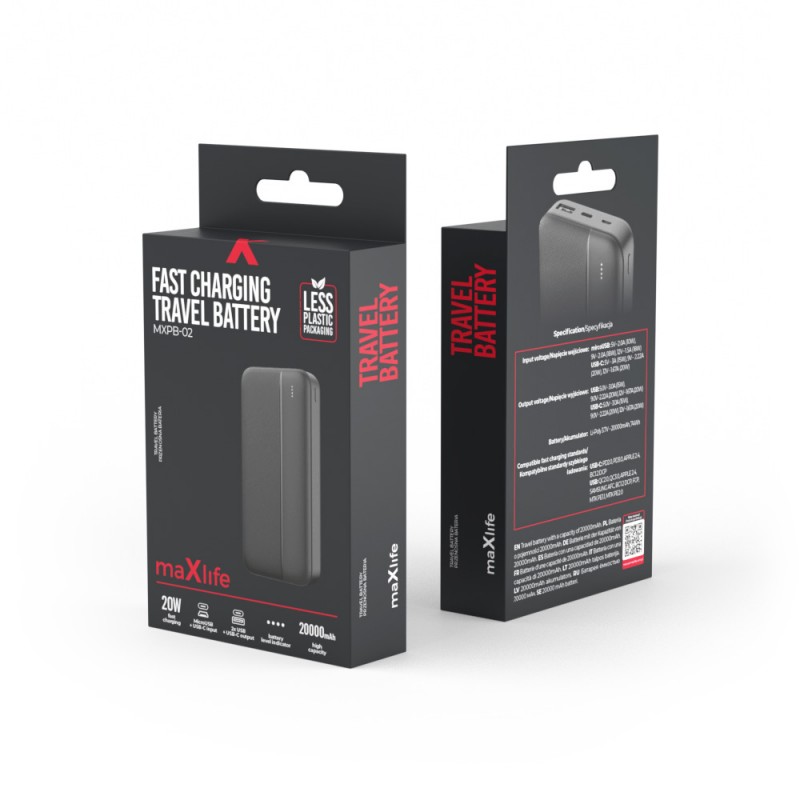 Външна батерия Power Bank Maxlife MXPB-02, PD QC 20W, 20000 mAh, Черна