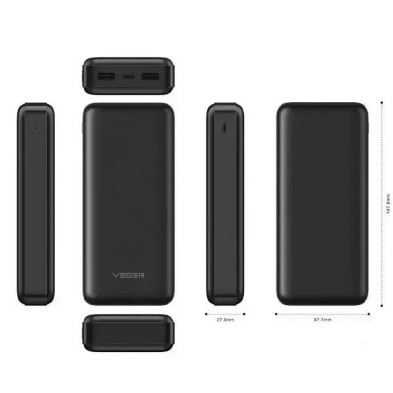 Външна батерия Power Bank VEGER A20 2A, 20000 mAh, Черна