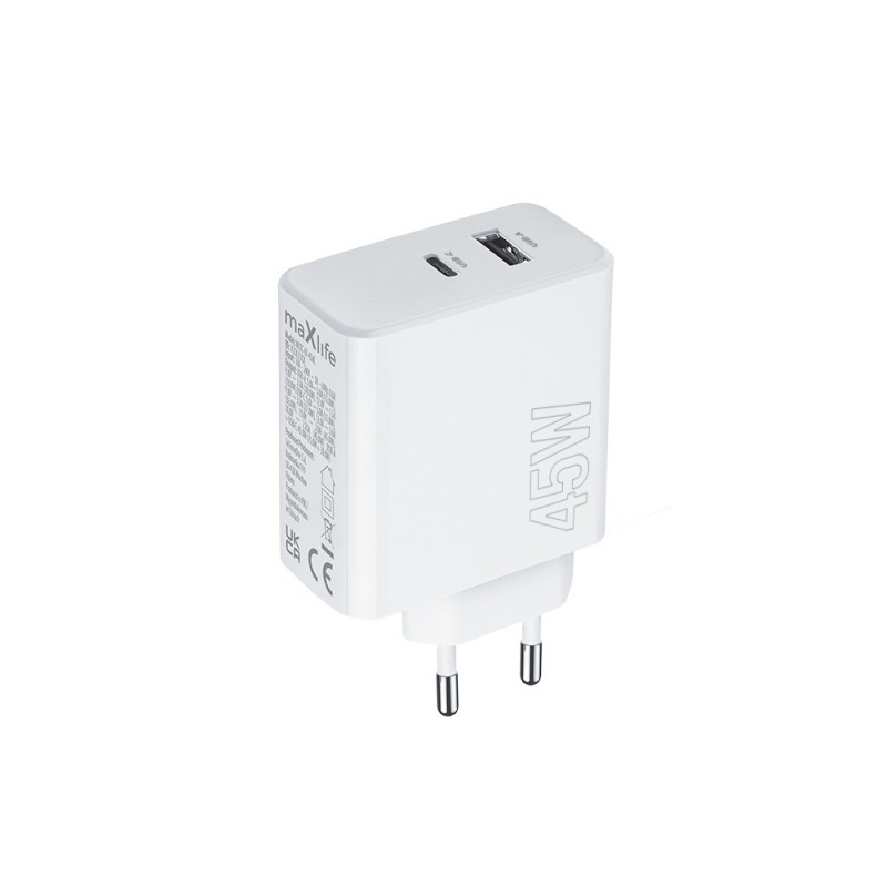 Зарядно устройство Maxlife MXTC-07-45AC PD QC 1x USB-C 1x USB 45W , Бяло