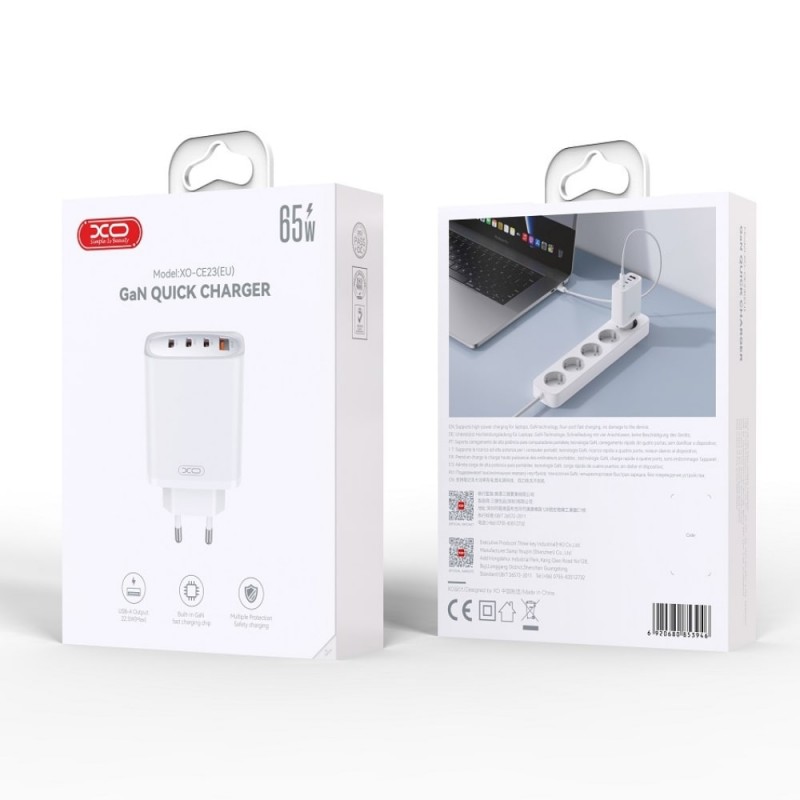 Мрежово зарядно устройство преходник адаптер XO CE23 PD 65W 3x Type C 1x USB , Бял