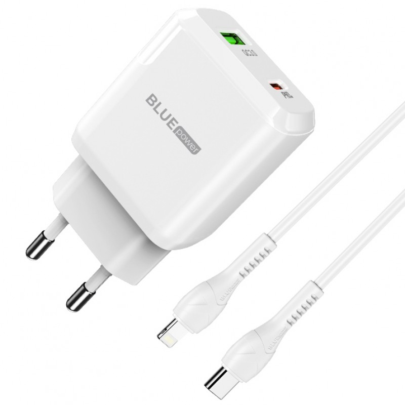 Мрежово зарядно устройство комплект BLUE Power BLN5 PD20W, QC3.0, 220V, с кабел 1м Lightning-Type C, Бял