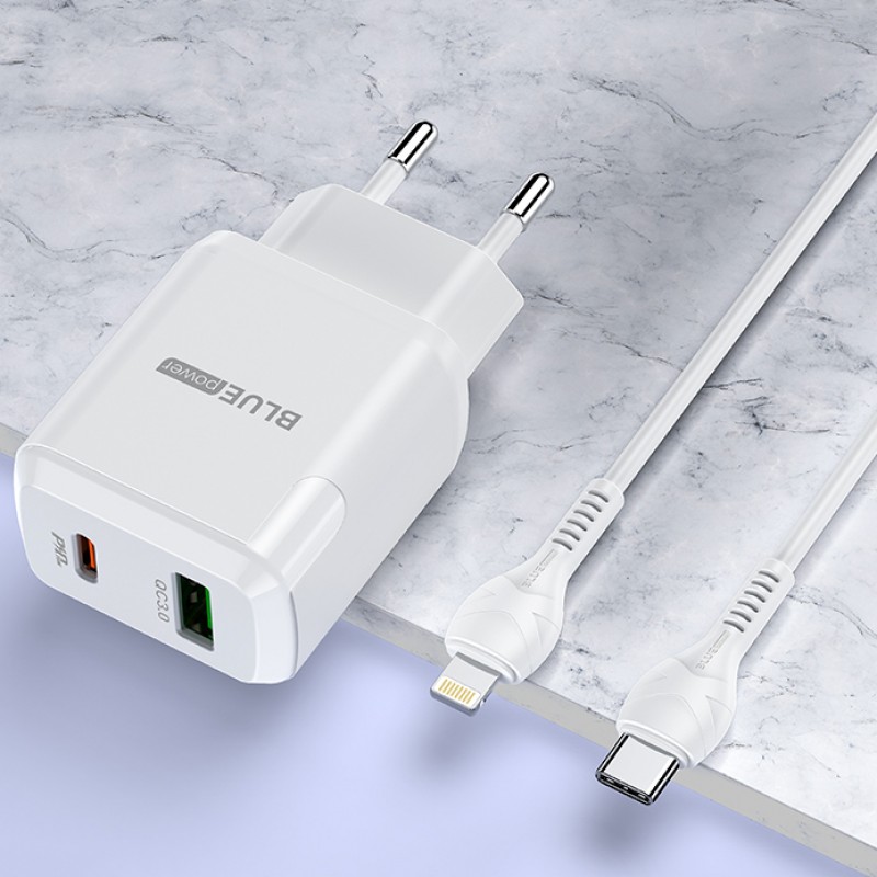 Мрежово зарядно устройство комплект BLUE Power BLN5 PD20W, QC3.0, 220V, с кабел 1м Lightning-Type C, Бял