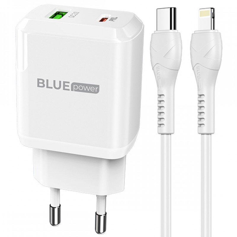 Мрежово зарядно устройство комплект BLUE Power BLN5 PD20W, QC3.0, 220V, с кабел 1м Lightning-Type C, Бял
