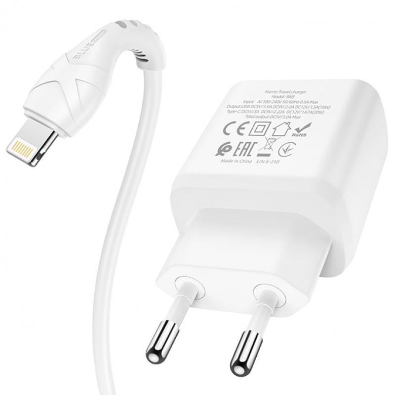 Мрежово зарядно устройство комплект BLUE Power BLN5 PD20W, QC3.0, 220V, с кабел 1м Lightning-Type C, Бял