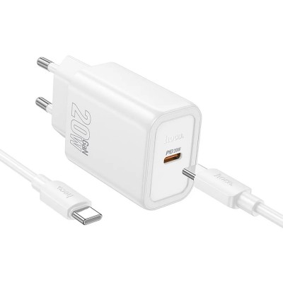 Зарядно устройство комплект HOCO N60, 20W, 3A, 1x USB-C + кабел USB-C, Бяло