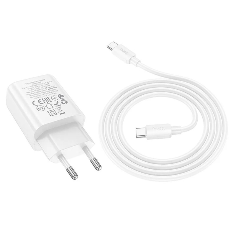 Зарядно устройство комплект HOCO N60, 20W, 3A, 1x USB-C + кабел USB-C, Бяло