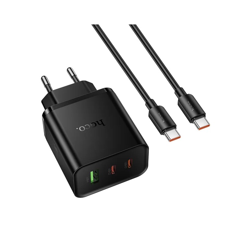 Зарядно устройство комплект HOCO N75 65W 2x USB-C 1x USB-A + кабел USB-C - USB-C, Черно
