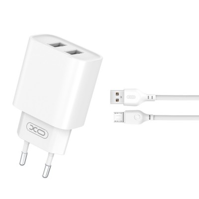 Зарядно устройство комплект XO CE02C 2x USB 2,1A + Micro USB кабел, Бяло