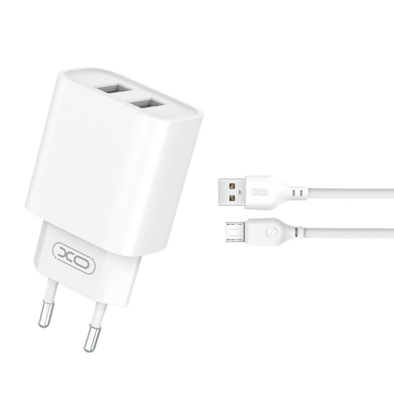 Мрежово зарядно устройство комплект XO CE02C 2x USB 2,1A + microUSB кабел, Бяло