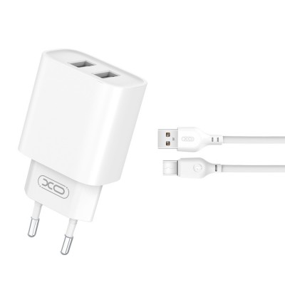 Зарядно устройство комплект XO CE02C 2x USB 2,1A + USB-C кабел, Бяло