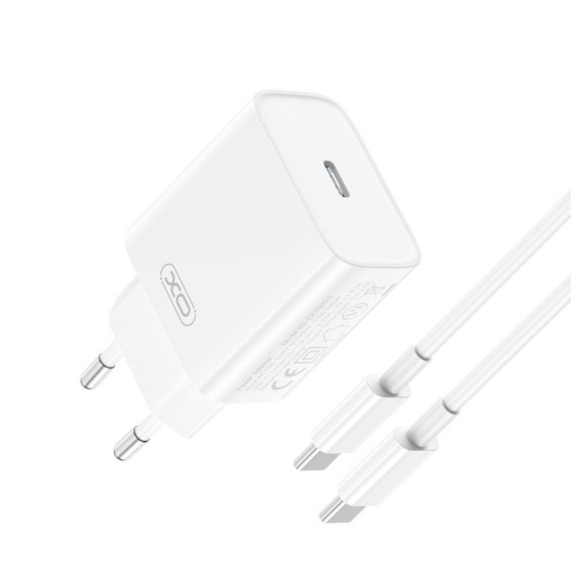 Мрежово зарядно устройство комплект XO CE15 PD с кабел, 20W, Type C, 3A, Quick Charging, Бяло