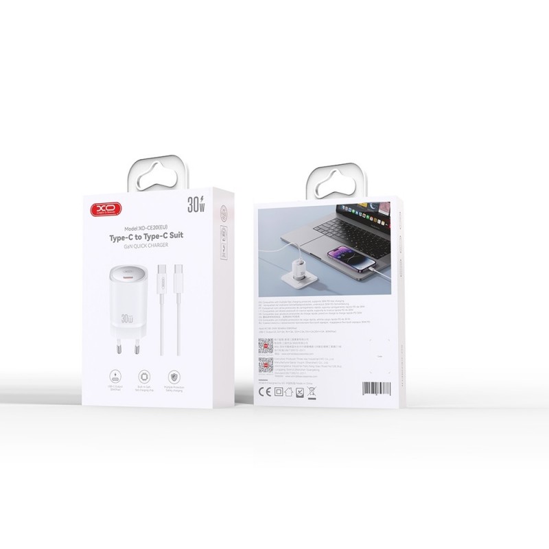 Зарядно устройство комплект XO CE20 PD 30W 1x USB-C +  кабел USB-C - USB-C, Бяло