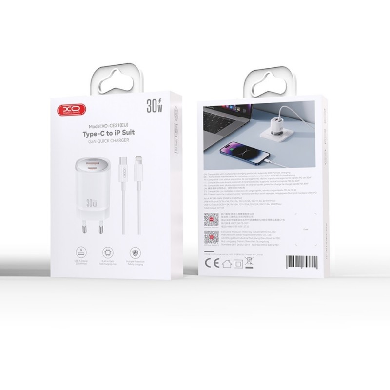 Мрежово зарядно устройство комплект XO CE21 PD 30W 1x Type C 1x USB + Type C - Lightning кабел, Бяло