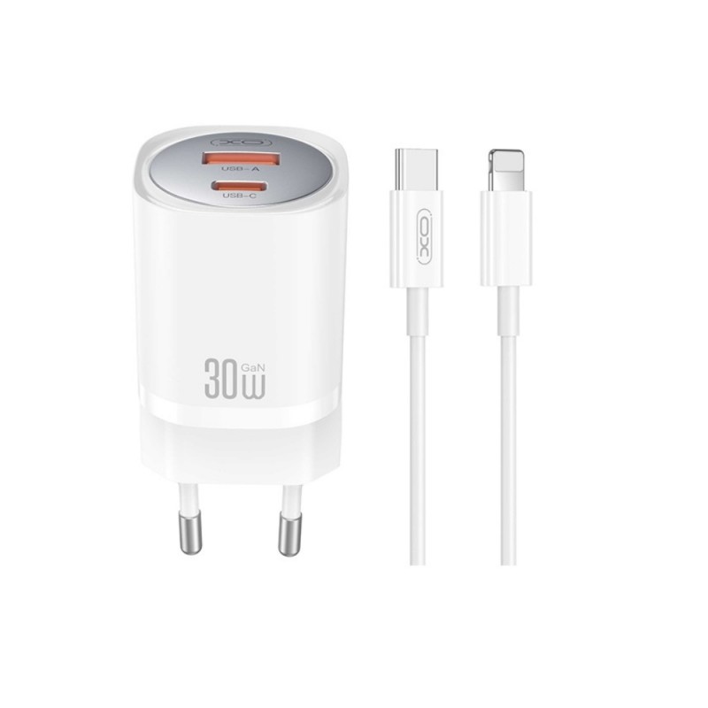 Мрежово зарядно устройство комплект XO CE21 PD 30W 1x Type C 1x USB + Type C - Lightning кабел, Бяло