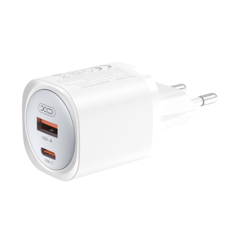 Мрежово зарядно устройство комплект XO CE21 PD 30W 1x Type C 1x USB + Type C - Lightning кабел, Бяло