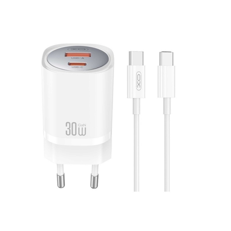 Мрежово зарядно устройство комплект XO CE21 PD 30W 1x Type C 1x USB + Type C - Type C кабел, Бяло