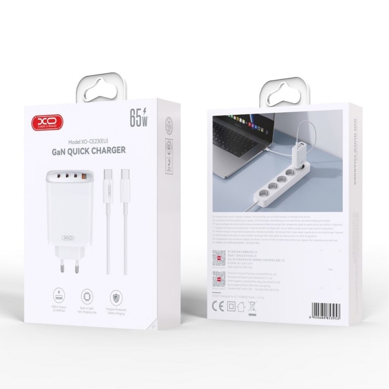 Мрежово зарядно устройство комплект XO CE23 PD 65W 3x Type C 1x USB + кабел Type C - Type C, Бяло