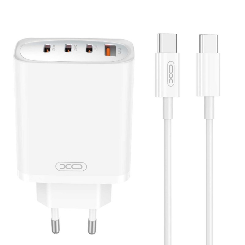 Мрежово зарядно устройство комплект XO CE23 PD 65W 3x Type C 1x USB + кабел Type C - Type C, Бяло