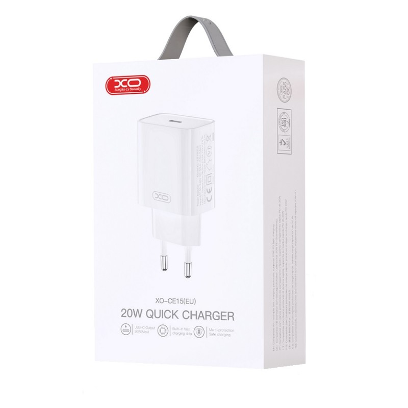 Мрежово зарядно устройство преходник адаптер XO CE15 PD 20W Type C 220V, Fast charging, Бял