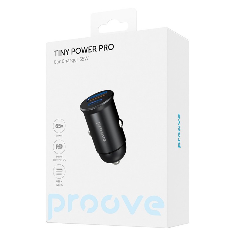 Зарядно устройство за кола адаптер Proove Tiny Power Pro PD 65W с USB-A и USB-C изход, Черен