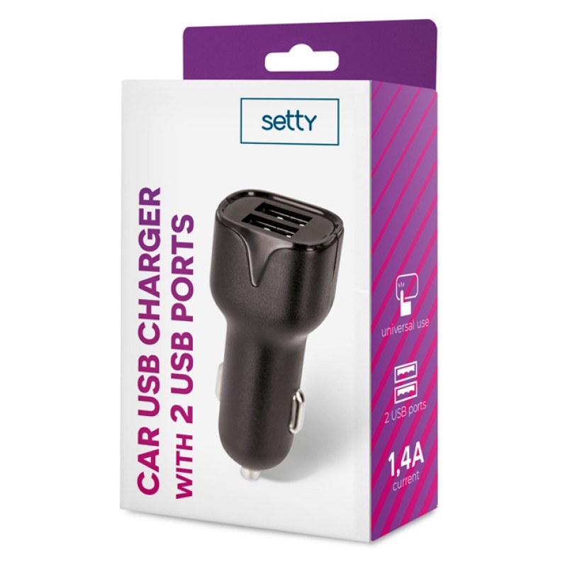 Зарядно устройство за кола преходник адаптер Setty с 2 USB изхода 12V, 1.4A