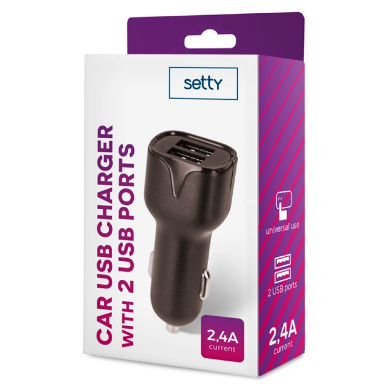 Зарядно устройство за кола преходник адаптер Setty с 2 USB изхода 12V, 2.4A