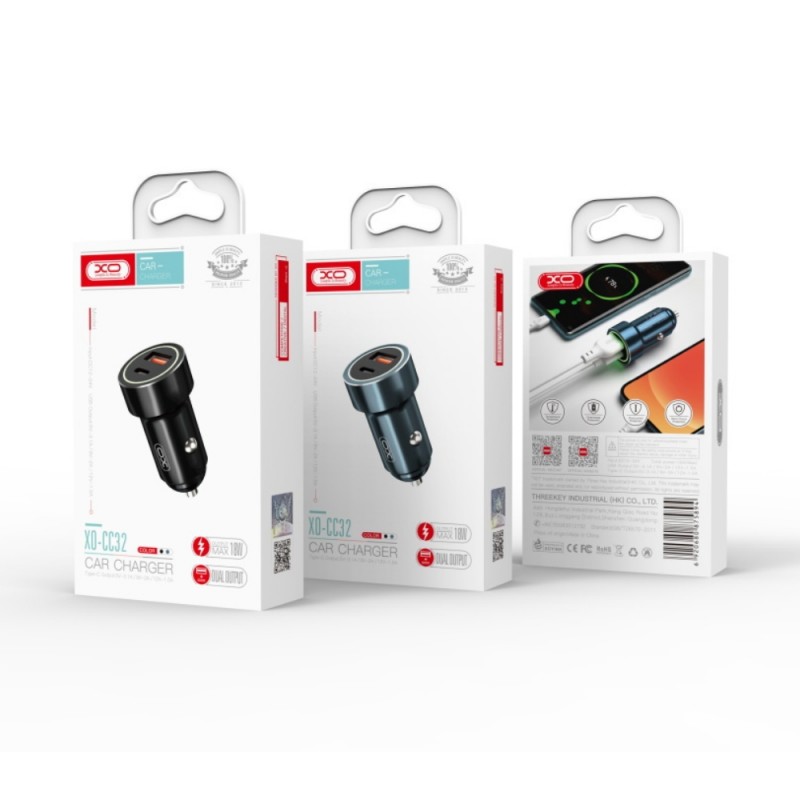 Зарядно устройство за кола адаптер XO CC32 QC 3.0 20W с USB и Type C изход, Черен