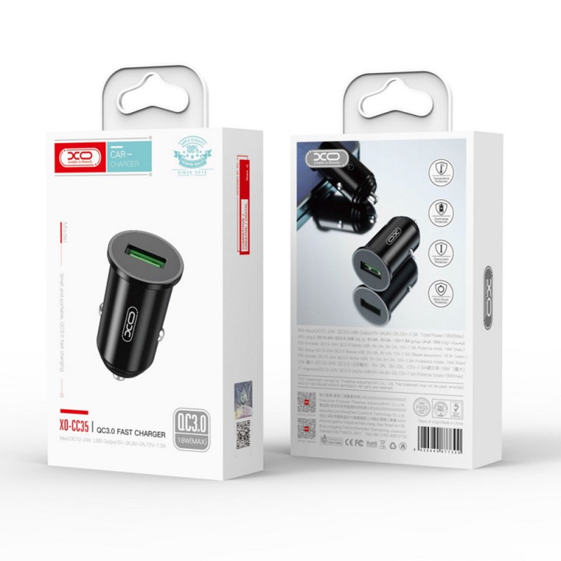 Зарядно устройство за кола адаптер XO CC35 с USB изход QC 3.0, 12V, 18W, Черен