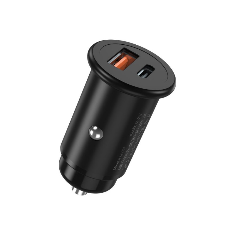Зарядно устройство за кола адаптер XO CC38 с USB и Type C изход QC 3.0, Метален, 12V, 20W, Черен