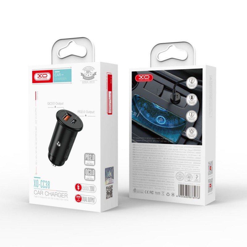Зарядно устройство за кола адаптер XO CC38 с USB и Type C изход QC 3.0, Метален, 12V, 20W, Черен