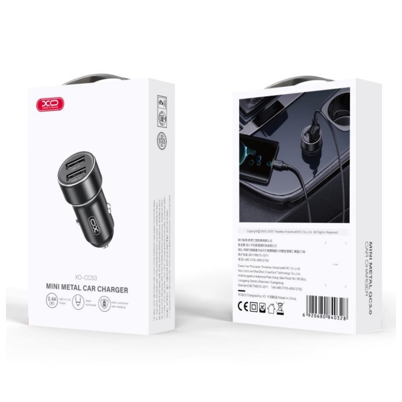 Зарядно устройство за кола адаптер XO CC53 12W с 2 USB изхода, Черен