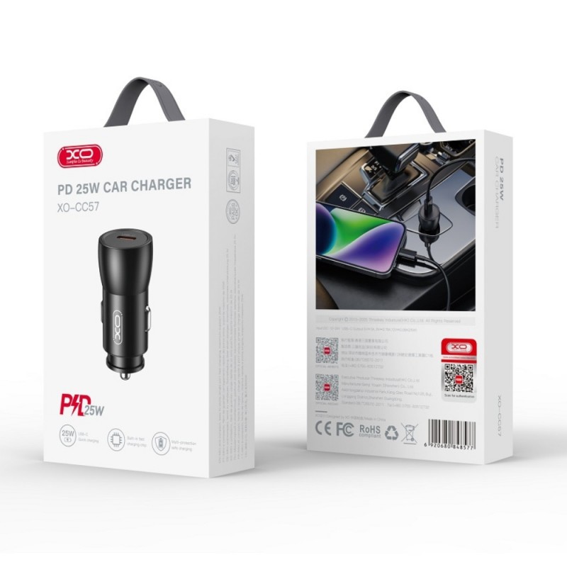 Зарядно устройство за кола адаптер XO CC57 PD 30W QC 1x USB-C, Черен