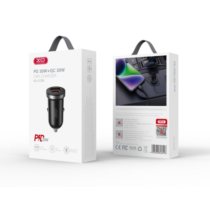 Зарядно устройство за кола адаптер XOCC56 PD 30W QC 1x USB 1x USB-C, Черен