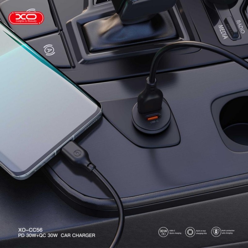 Зарядно устройство за кола адаптер XOCC56 PD 30W QC 1x USB 1x USB-C, Черен
