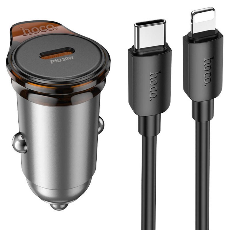 Зарядно устройство за кола комплект HOCO NZ16 PD 30W 1x USB-C с кабел USB-C - Lightning, Черен
