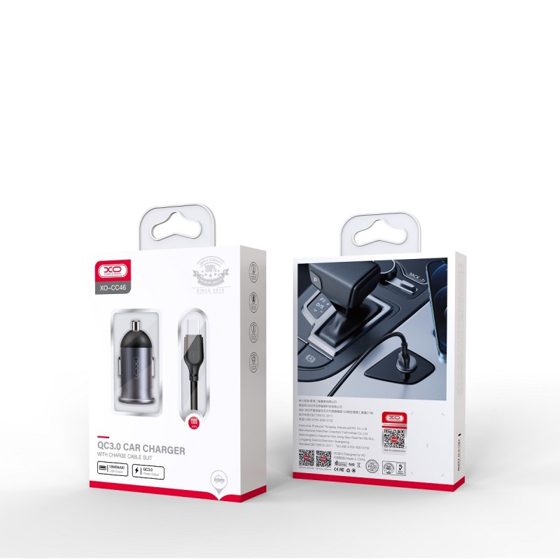 Зарядно устройство за кола комплект XO CC46 с USB изход QC 3.0, С кабел Type C-USB, 12V, 18W, 3A, Графит