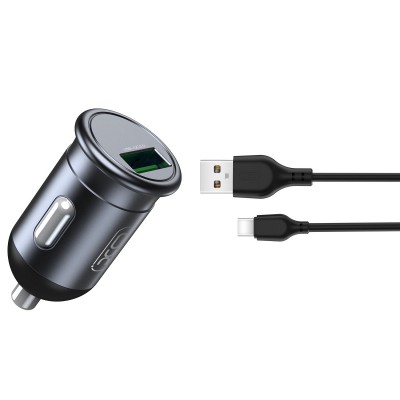 Зарядно устройство за кола комплект XO CC46 с USB изход QC 3.0, с кабел USB-C-USB-A, 12V, 18W, 3A, Графит