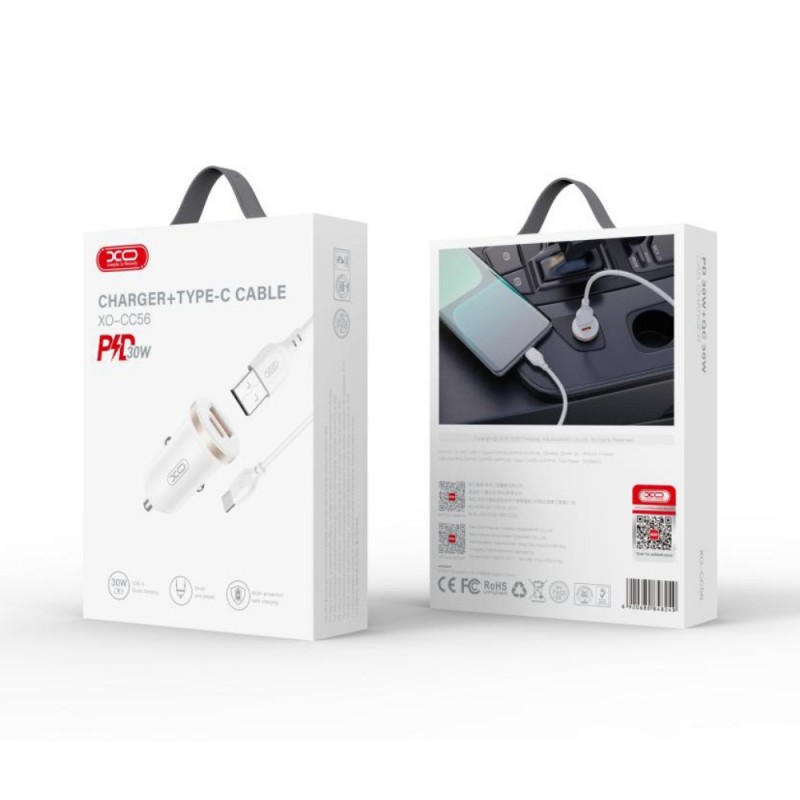 Зарядно устройство за кола комплект XO CC56 PD 30W QC 1x USB 1x USB-C с кабел USB - USB-C, Бял