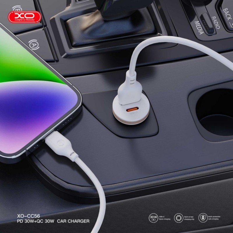 Зарядно устройство за кола комплект XO CC56 PD 30W QC 1x USB 1x USB-C с кабел USB - USB-C, Бял