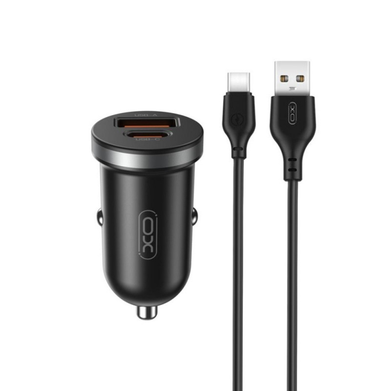 Зарядно устройство за кола комплект XO CC56 PD 30W QC 1x USB 1x USB-C с кабел USB - USB-C, Черен