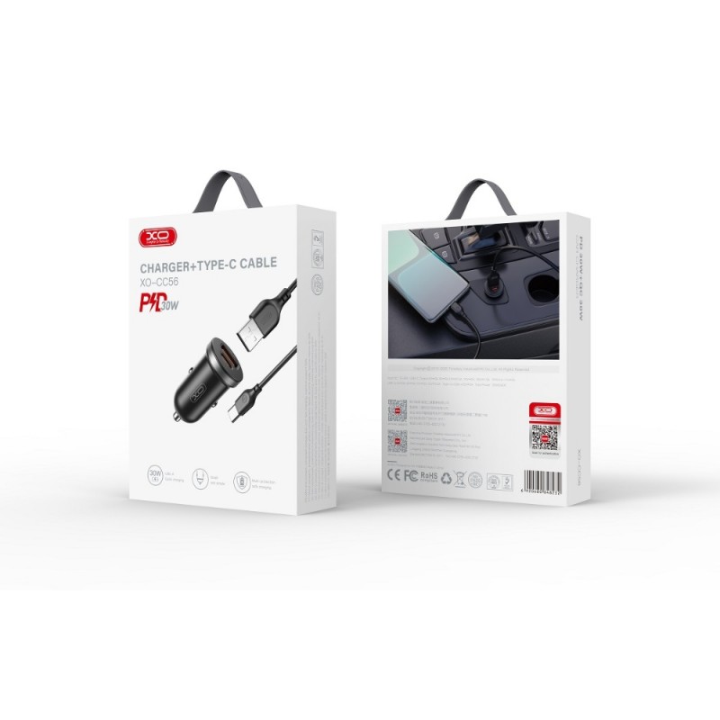 Зарядно устройство за кола комплект XO CC56 PD 30W QC 1x USB 1x USB-C с кабел USB - USB-C, Черен