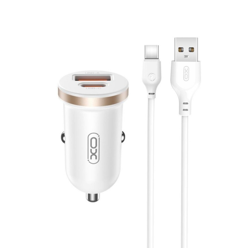 Зарядно устройство за кола комплект XO CC56 PD 30W QC 1x USB 1x USB-C с кабел USB - USB-C, Бял