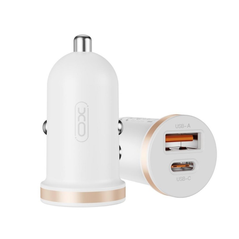 Зарядно устройство за кола комплект XO CC56 PD 30W QC 1x USB 1x USB-C с кабел USB - USB-C, Бял
